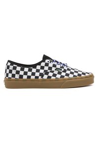 Black and white checkered canvas sneaker with a rubber sole, featuring blue laces and a green logo patch on the side.