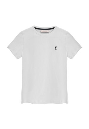 Witte katoenen t-shirt met een ronde hals, korte mouwen en een klein zwart geborduurd figuur op de linkerkant van de borst. Gladde textuur, casual pasvorm.