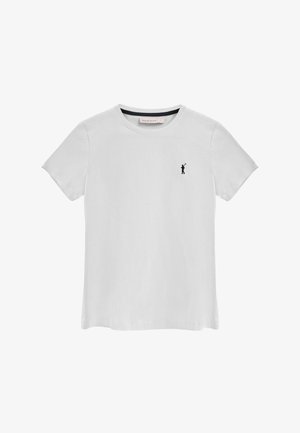 Weißes Baumwoll-T-Shirt mit Rundhalsausschnitt, kurzen Ärmeln und einer kleinen schwarzen bestickten Figur auf der linken Brust. Glatte Textur, lässige Passform.