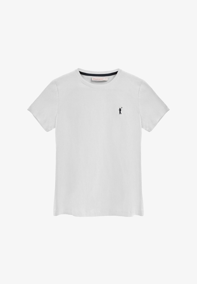 Witte katoenen t-shirt met een ronde hals, korte mouwen en een klein zwart geborduurd figuur op de linkerkant van de borst. Gladde textuur, casual pasvorm.