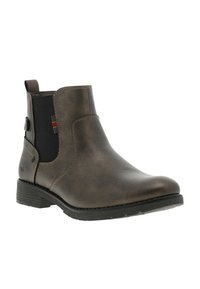 Bottines en cuir marron avec des panneaux latéraux élastiques, bout légèrement arrondi, tige texturée et un petit talon en caoutchouc noir.