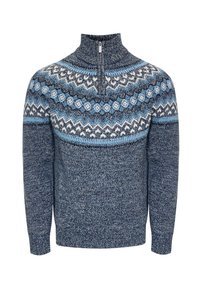 Maglione a collo alto di colore blu scuro, con chiusura a zip e una yoke decorata in blu chiaro, bianco e blu navy. Tessuto a maglia testurizzato.