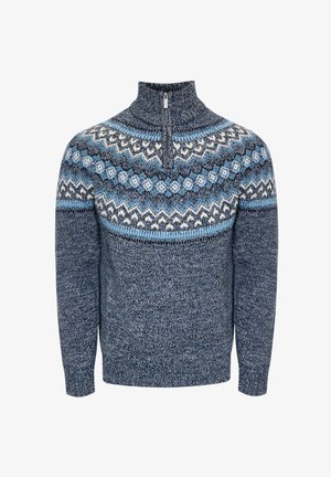 Tmavě modrý svetr s vysokým límcem, se zipovým zapínáním a vzorovanými rameny v světlé modré, bílé a námořnické. Texturovaná pletenina.