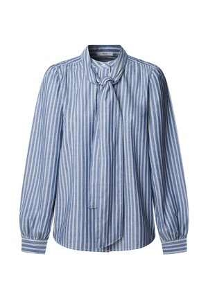 Blauwe gestreepte blouse met lange ballonmouwen, een gestrikt colletje en knoopmanchetten. Bevat verticale dunne witte strepen op zachte stof.