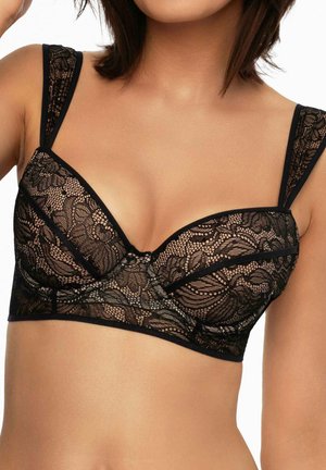 Black lace bralette featuring a deep V design, adjustable straps, and floral patterns, with a smooth fabric lining for comfort.
