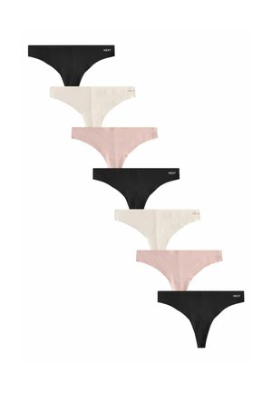Assortiment naadloze strings in zwart, crème en roze. Zacht materiaal met een gladde textuur en logoprint op de tailleband. Zeven stukken uitgestald.