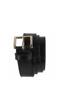 Cinturón de cuero negro con textura acolchada; cuenta con una hebilla cuadrada dorada elegante y un detalle de bucle de cuero para asegurar el cinturón.
