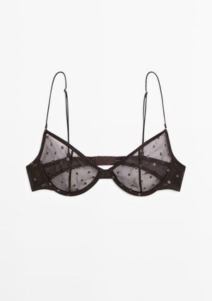 Schwarzer transparenter Mesh-BH mit zarter Tupfenstickerei, Bügelcups, verstellbaren dünnen Trägern und Haken- und Ösenverschluss hinten.