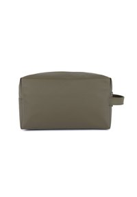 Borsa cosmetica rettangolare verde oliva realizzata in materiale текстurato, con chiusura a zip e manico laterale per un facile trasporto.