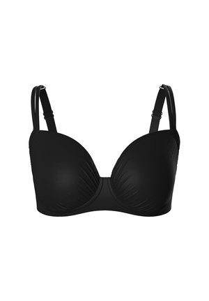 Schwarzer gepolsterter BH mit verstellbaren doppelten Schulterriemen und Bügelunterstützung, dargestellt vor weißem Hintergrund.