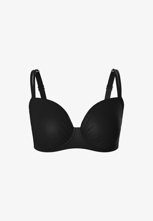 Schwarzer gepolsterter BH mit verstellbaren doppelten Schulterriemen und Bügelunterstützung, dargestellt vor weißem Hintergrund.