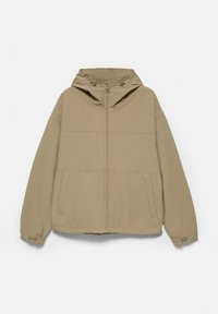 Veste beige à capuche avec fermeture éclair frontale, deux poches latérales et des sangles réglables aux poignets, présentée sur un fond uni.
