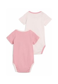Two short-sleeve baby bodysuits, one solid pink and one off-white with pink trim, laid flat showing back sides on white background.