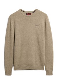 Beżowy sweter z dzianiny o okrągłym dekolcie, długich rękawach i prążkowanych mankietach. Posiada subtelne logo na klatce piersiowej. Miękka tekstura, casualowy design.