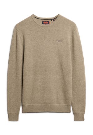 Beżowy sweter z dzianiny o okrągłym dekolcie, długich rękawach i prążkowanych mankietach. Posiada subtelne logo na klatce piersiowej. Miękka tekstura, casualowy design.