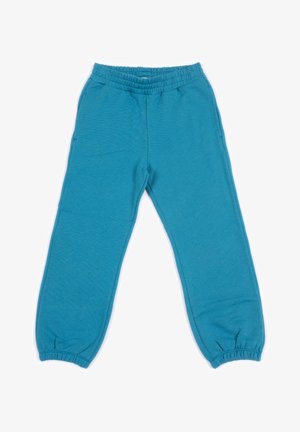Pantaloni jogger blu con vita ed estremità alla caviglia elastiche e tasche laterali, realizzati in morbido tessuto, adagiati su uno sfondo bianco.