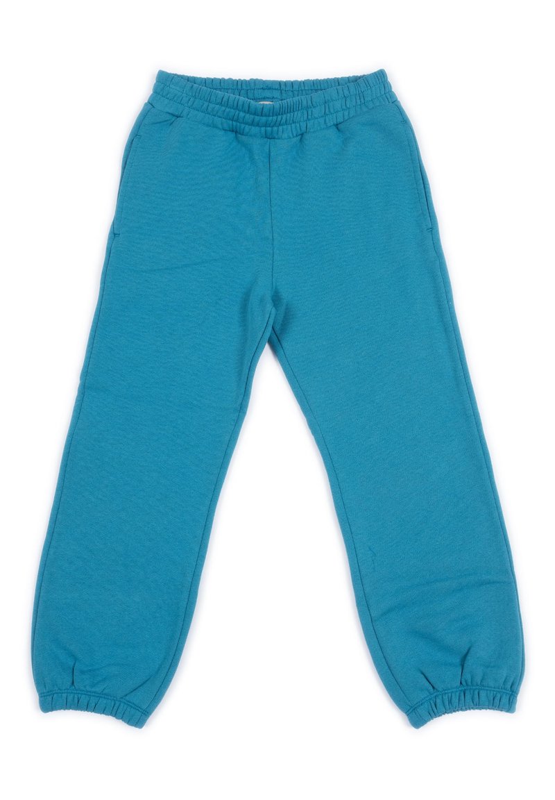 Pantaloni jogger blu con vita ed estremità alla caviglia elastiche e tasche laterali, realizzati in morbido tessuto, adagiati su uno sfondo bianco.