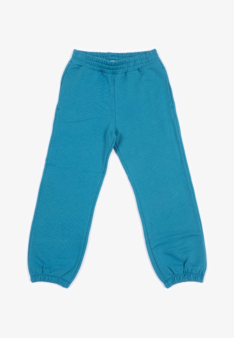 Pantaloni jogger blu con vita ed estremità alla caviglia elastiche e tasche laterali, realizzati in morbido tessuto, adagiati su uno sfondo bianco.