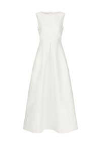 Robe blanche sans manches avec un corsage ajusté, une jupe plissée et un motif floral texturé. Fermeture dans le dos, design longueur genoux.