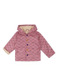 Pinky waterdichte regenjas met regenboogpatronen, voorzien van een capuchon, gestreepte voering en meerkleurige knopen aan de voorkant.