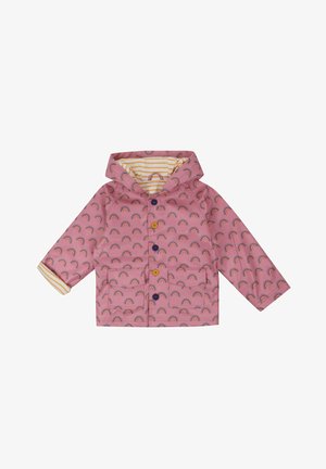 Pinky waterdichte regenjas met regenboogpatronen, voorzien van een capuchon, gestreepte voering en meerkleurige knopen aan de voorkant.