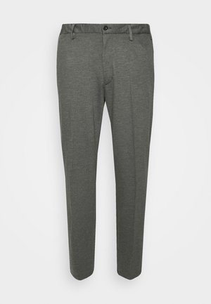 Donkergrijze rechte broek met riemlussen, een knoop aan de voorkant en ritssluiting tegen een effen witte achtergrond.