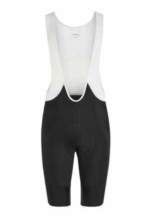 Schwarz-weiße Radhose für Herren mit gepolstertem Sitzbereich und Schulterträgern, Größe L gekennzeichnet.