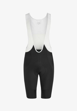 Schwarz-weiße Radhose für Herren mit gepolstertem Sitzbereich und Schulterträgern, Größe L gekennzeichnet.