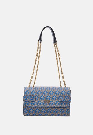 Blue and beige patterned Guess shoulder bag with gold chain straps and flap closure, featuring the Guess logo on the front.