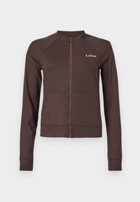 Καφέ ζακέτα με φερμουάρ, με ανάγλυφη υφή, μανίκια ράγλαν και λογότυπο. Διαθέτει δύο μπροστινές τσέπες και εφαρμοστά τελειώματα στα μανίκια και στο τελείωμα.