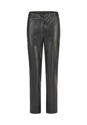 Schwarze Kunstleder-Hose mit geradem Bein, vorderen Nahtdetails, Knopfverschluss und hohem Bund.