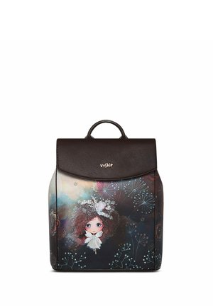 Backpack with a dark brown faux leather flap and colorful graphic illustration featuring a girl with curly hair, floral accents, and star patterns.