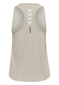 Beige mouwloze sporttanktop met racerback-ontwerp en vier witte naar beneden gerichte pijlen boven een verticale zwarte lijn op de rug.