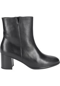 Černá kožená kotníková bota s hladkým povrchem, kulatou špičkou a blokovým podpatkem. Obsahuje boční zip a minimální švy.