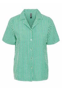 Zielona i biała w paski koszula na krótki rękaw z kołnierzykiem, wykonana z teksturowanej tkaniny i o luźnym kroju.