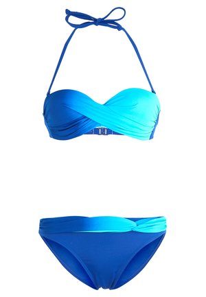 Bikini a due pezzi in sfumature di blu. Top bandeau con design a spirale e allacciature al collo; parte inferiore abbinata con vita piegata. Texture liscia.