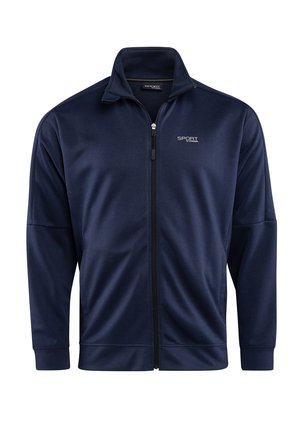 Marineblaue Sportjacke mit Reißverschluss, hohem Kragen, langen Ärmeln und dem Logo "SPORT by STOCKER" auf der linken Brust.