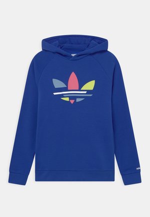 Blauer Hoodie mit mehrfarbigem Adidas-Trefoil-Logo auf der Brust, langen Ärmeln und einem kleinen Adidas-Logo am linken Ärmelbund.