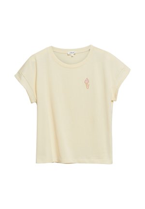 Kremowy T-shirt z krótkim rękawem, z podwiniętymi mankietami i małą różową grafiką lodowego rożka na lewej piersi z napisem „Gelato”.