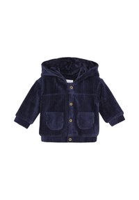 Veste en velours côtelé navy avec une capuche, dotée de deux poches avant plaquées et de boutons en bois, texture douce et poignets côtelés.