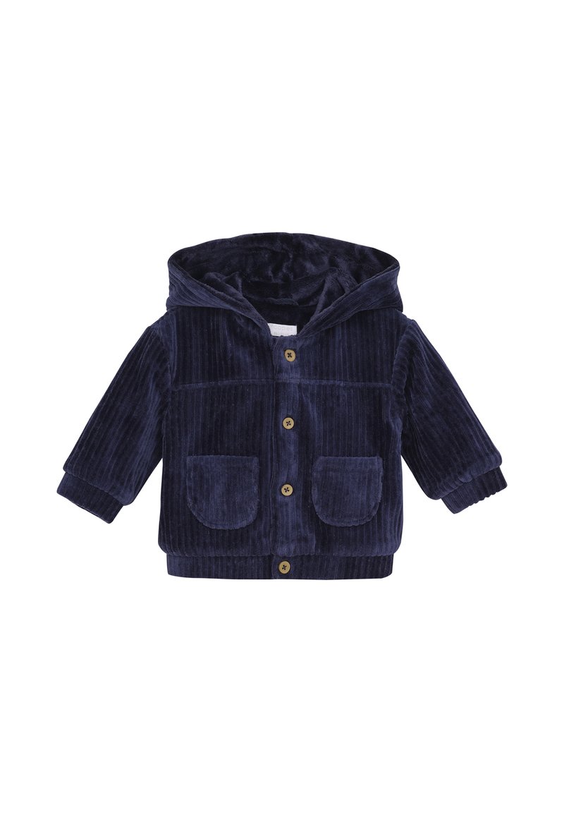 Veste en velours côtelé navy avec une capuche, dotée de deux poches avant plaquées et de boutons en bois, texture douce et poignets côtelés.