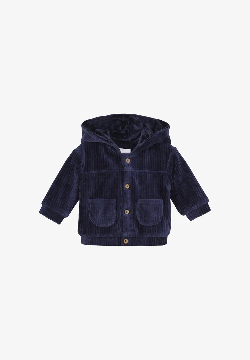 Veste en velours côtelé navy avec une capuche, dotée de deux poches avant plaquées et de boutons en bois, texture douce et poignets côtelés.