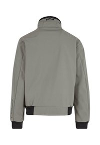 Grau jacke mit hohem kragen, elastischen bündchen und einem schwarzen akzent am saum. Glatte textur und minimalistisches design ohne sichtbare beschläge.