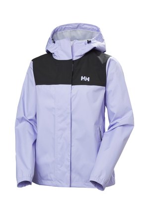 Světlofialová nepromokavá bunda s černým panelem na ramenech, připojenou kapucí, elastickými manžetami, předním zipem a logem HH na hrudi.