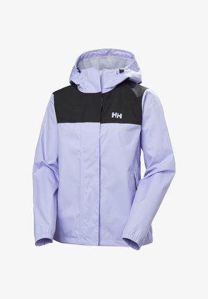 Jasnofioletowa wodoodporna kurtka z czarnym panelem na ramionach, przymocowanym kapturem, elastycznymi mankietami, przednim zamkiem błyskawicznym oraz logo HH na piersi.
