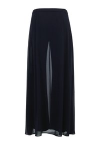 Granatowa spódnica wykonana z lekkiego materiału, charakteryzująca się pełną długością oraz szczelinami z przodu, które zapewniają swobodę ruchu, i gładką fakturą.