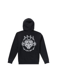 Black hoodie featuring a large white graphic of a lion's head with floral and barbed wire accents on the back. Soft, cozy material.