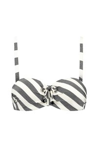 Pruhovaný bikiny top v černé a bílé barvě, s bandeau designem, nastavitelné popruhy a detailem vázání uprostřed se dekorativními akcenty.