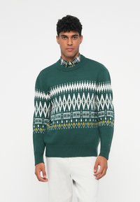 Green knitted sweater with a geometric white and yellow pattern. Ribbed neckline and cuffs, worn over a checkered collared shirt.