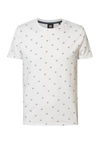 Tricou alb din bumbac, cu un model repetat de soare mici albastre și buburuze, cu guler rotund și mâneci scurte.
